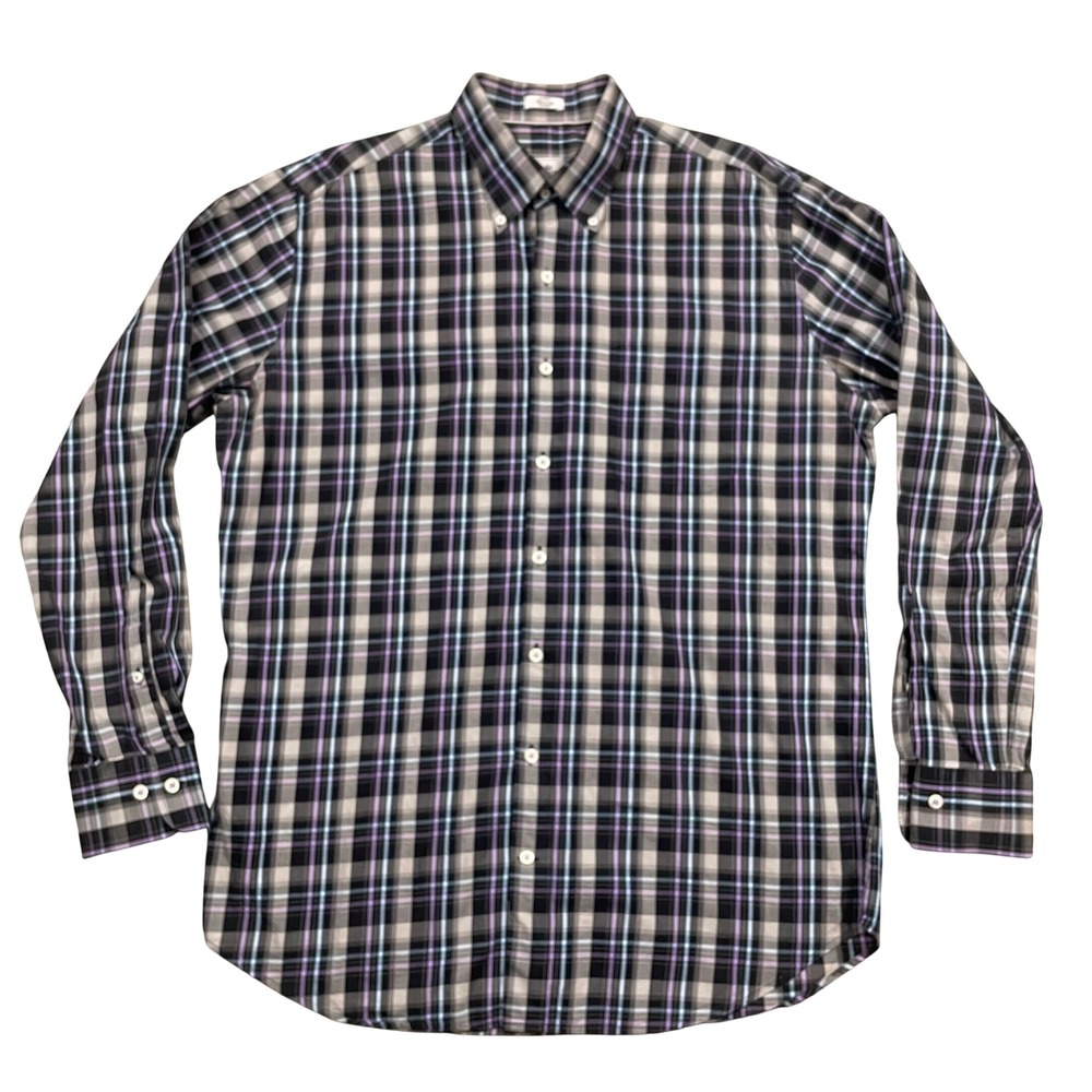 Peter Millar Mens Large Plaid Button Down Shirt Black Purple Blue Cotton L/S EUC